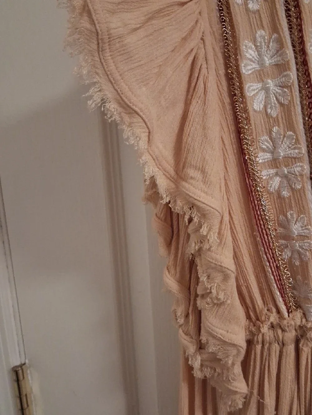 Free People Neutral Beige Embroidered Tassel Maxi Dress